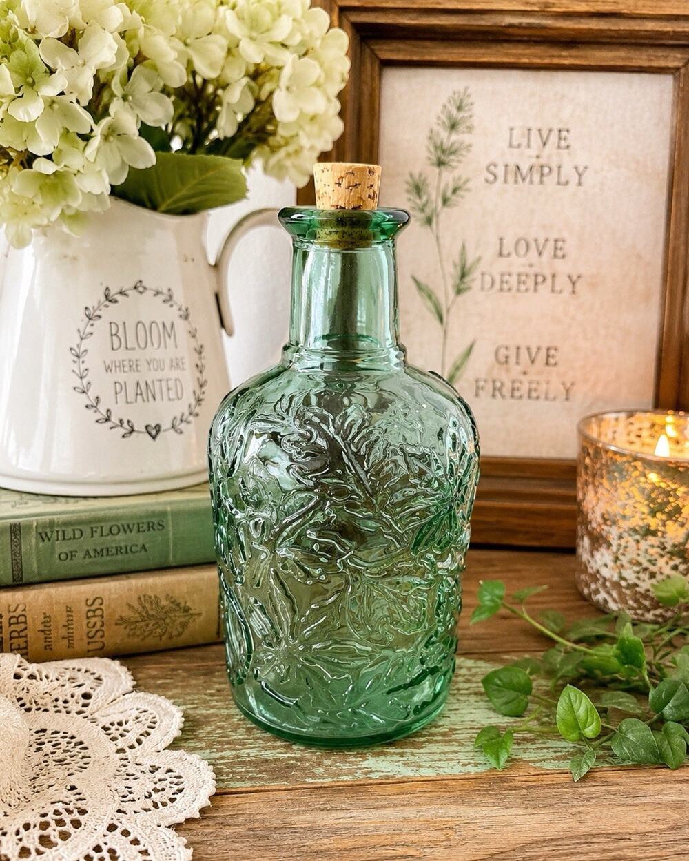 Vintage Canada Green Embossed Glass Bottle Decanter Cork Stopper Floral Leaf